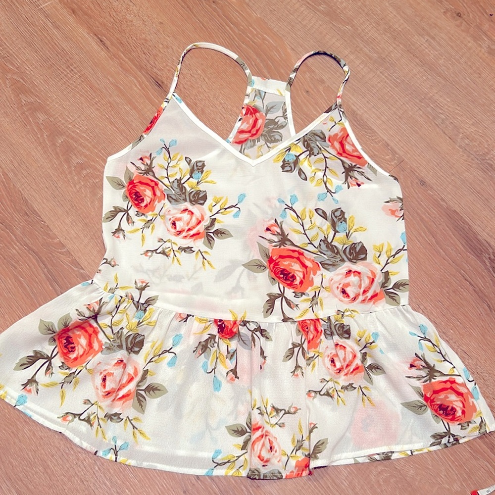 SHEIN  FLORAL,STRAPPY, RACERBACK, V-NECK, RUFFLE FLOUNCE TOP size small
